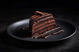 tasty dark chocolate cake on a plate, black background, illustration, photo