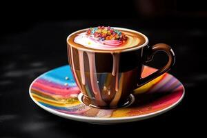 marvelous colorful hot chocolate, black background, illustration, generative ai photo