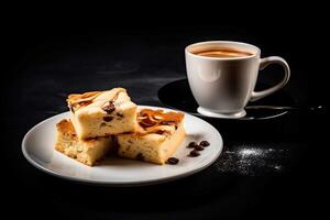 focaccia genovese and cappuccino pudding on a plate, black background, illustration, generative ai photo