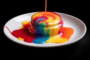 delicious rainbow pudding on a plate, black background, illustration, photo