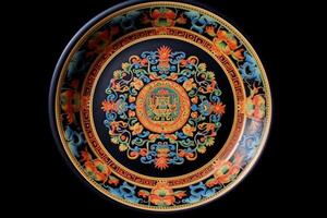 marvelous colorful buddhist style plate, black background, illustration, photo