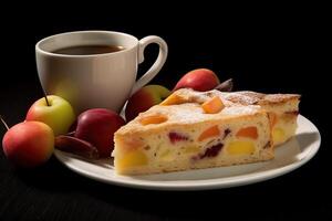 marvelous cake and cappuccino coffee pudding on a plate, black background, illustration, photo