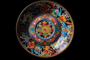 marvelous colorful buddhist style plate, black background, illustration, generative ai photo