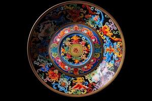 marvelous colorful buddhist style plate, black background, illustration, photo