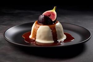 tasty fig pudding on a plate, black background, illustration, photo
