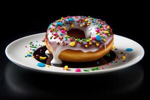 delicious colorful donut on a plate, black background, illustration, generative ai photo