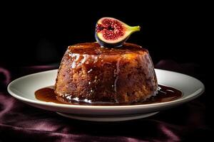 fig pudding on a plate, black background, illustration, photo