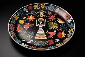 marvelous realistic mexican colorful plate, black background, illustration, photo