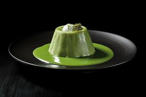 green pudding on a plate, black background, illustration, photo