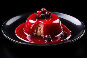 tasty currant pudding on a plate, black background, illustration, photo