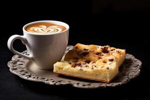 tasty focaccia genovese and cappuccino pudding on a plate, black background, illustration, photo