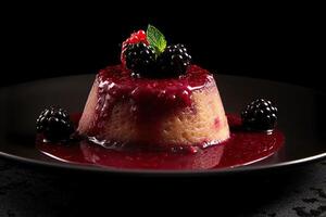 currant pudding on a plate, black background, illustration, photo