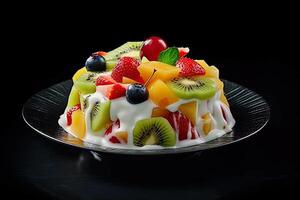 delicious fruit salad pudding on a plate, black background, illustration, generative ai photo