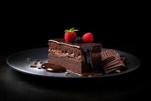 delicious dark chocolate cake on a plate, black background, illustration, photo
