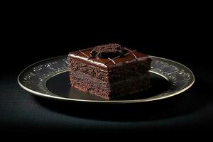 marvelous dark chocolate cake on a plate, black background, illustration, generative ai photo