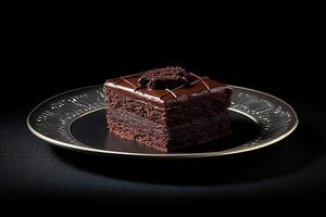 marvelous dark chocolate cake on a plate, black background, illustration, generative ai photo