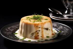 marvelous fish pudding on a plate, black background, illustration, photo