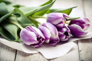 púrpura y blanco tulipanes en de madera mesa. generativo ai ilustración. foto