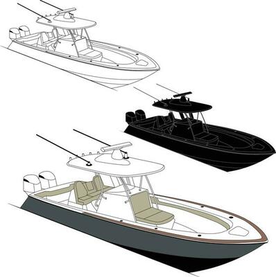 Vector, line art and color image of fishing boat on a white background.