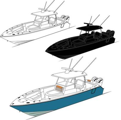 Vector, line art and color image of fishing boat on a white background.