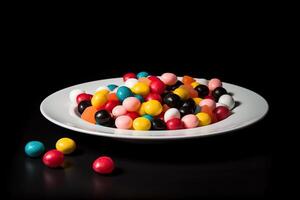 marvelous realistic colorful candies on a plate, black background, illustration, photo