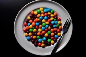 marvelous colorful Chocolates on a plate, black background, illustration, generative ai photo