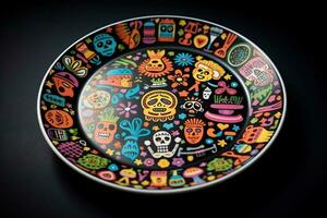marvelous colorful mexican plate, black background, illustration, generative ai photo