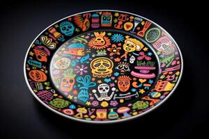 marvelous colorful mexican plate, black background, illustration, photo