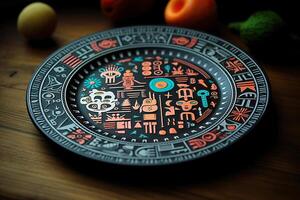 marvelous colorful aztec plate, black background, illustration, photo