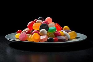 marvelous realistic colorful candies on a plate, black background, illustration, photo