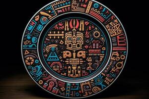 marvelous colorful aztec plate, black background, illustration, photo