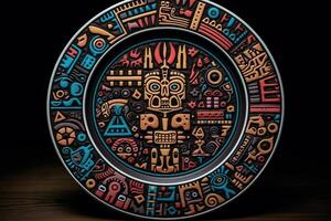 maravilloso vistoso azteca lámina, negro fondo, ilustración, generativo ai foto