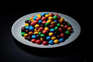 marvelous colorful Chocolates on a plate, black background, illustration, photo