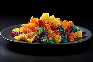 marvelous colorful pasta on a plate, black background, illustration, photo