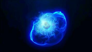 Blue energy sphere with glowing bright particles, atom with electrons and elektric magic field scientific futuristic hi-tech abstract background video