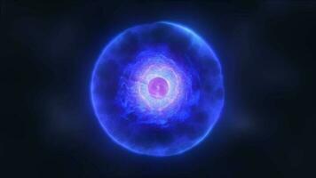 resumen energía azul esfera átomo con electrones volador brillante partículas y magia campo, Ciencias futurista de alta tecnología antecedentes video