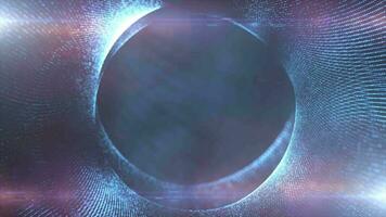 Round blue frame from energy magical glowing particles and light lines abstract background video