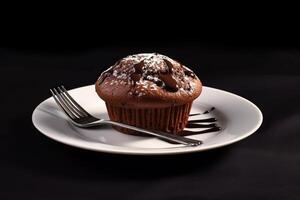 tasty chocolate muffin on a plate, black background, illustration, photo