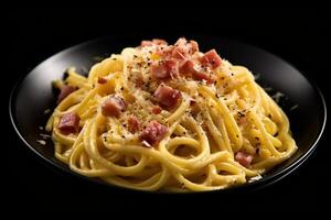 marvelous real carbonara on a plate, black background, illustration, photo