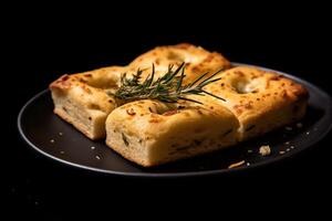 italiano focaccia en un lámina, negro fondo, ilustración, generativo ai foto