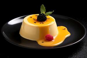 delicioso amarillo Panna cotta en un lámina, negro fondo, ilustración, generativo ai foto