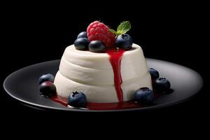 raspberry pannacotta on a plate, black background, illustration, photo