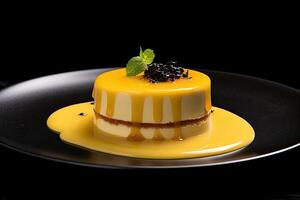 tasty yellow pannacotta on a plate, black background, illustration, photo