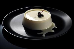 tasty vanilla pannacotta with berries on a plate, black background, illustration, photo