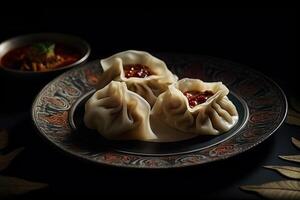 tibetan momo dumplings on a plate, black background, illustration, photo