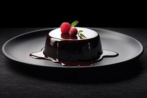 black pannacotta on a plate, black background, illustration, photo