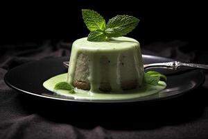 tasty basil pudding on a plate, black background, illustration, generative ai photo