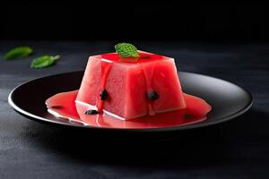 watermelon pudding on a plate, black background, illustration, generative ai photo