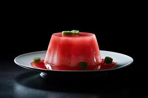 marvelous watermelon pudding on a plate, black background, illustration, photo