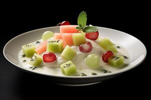 beautiful melon salad pudding on a plate, black background, illustration, photo